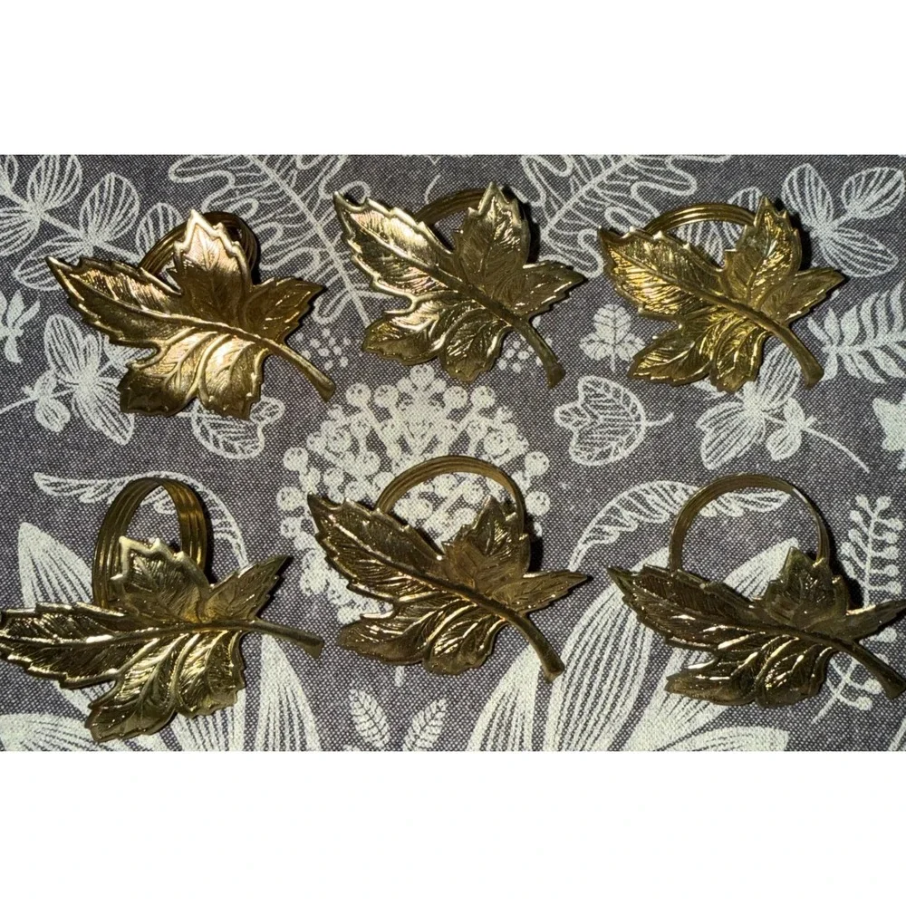 Vintage‎ Gold Tone Maple Leaf Napkin Rings Set of 6 Autumn Thanksgiving Decor